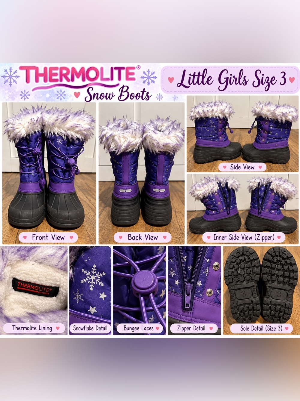 ❄️ Thermolite® Purple Snowflake Snow Boots – Size 3 Little Girls